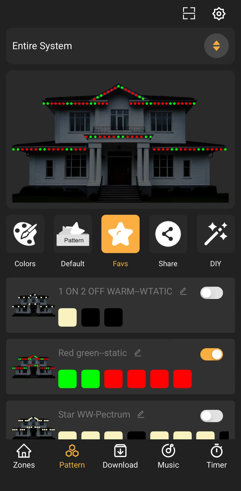 Favorites screen showing saved lighting patterns with on and off toggles
