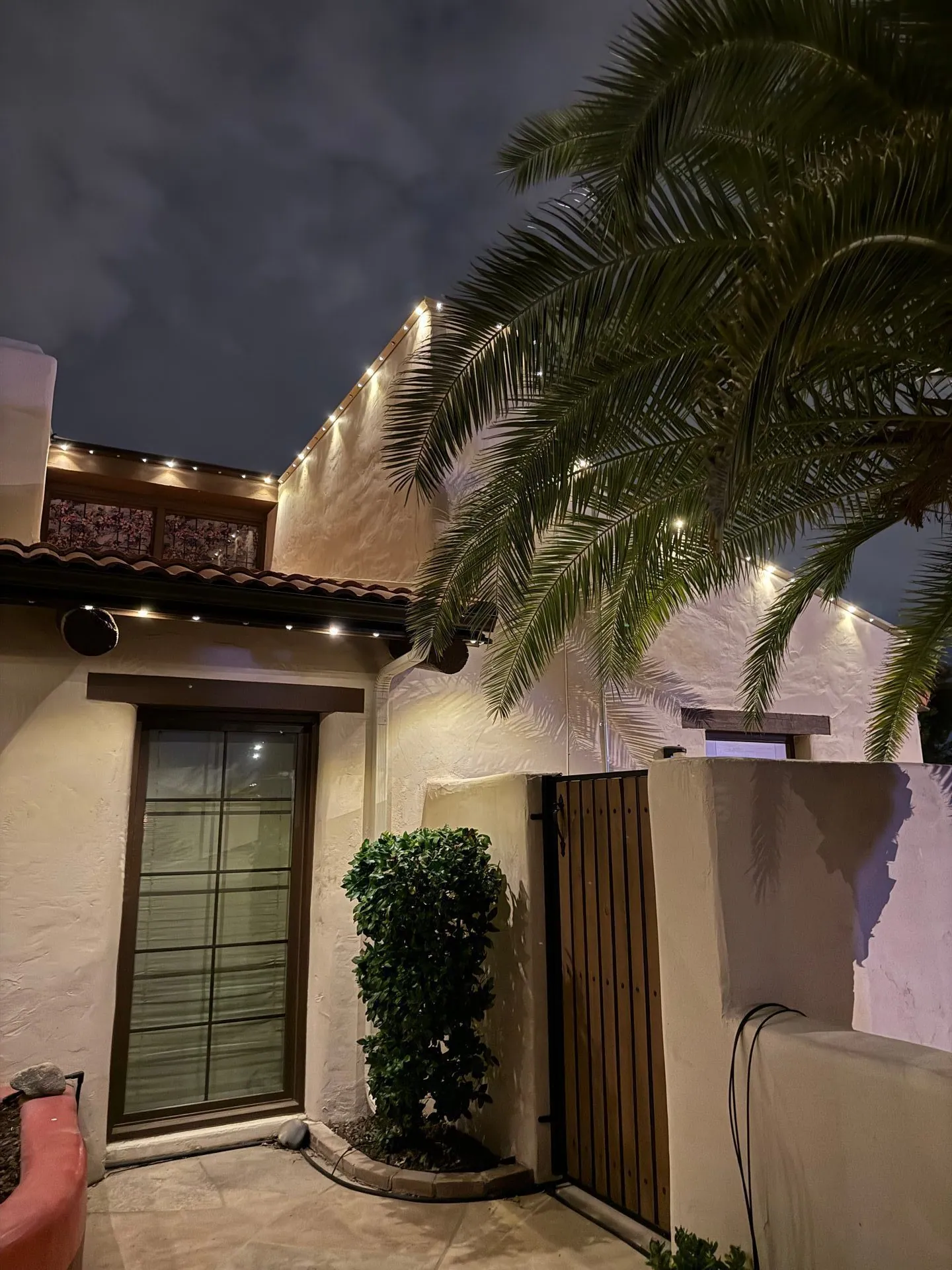Permanent lighting on stucco home with palm tree